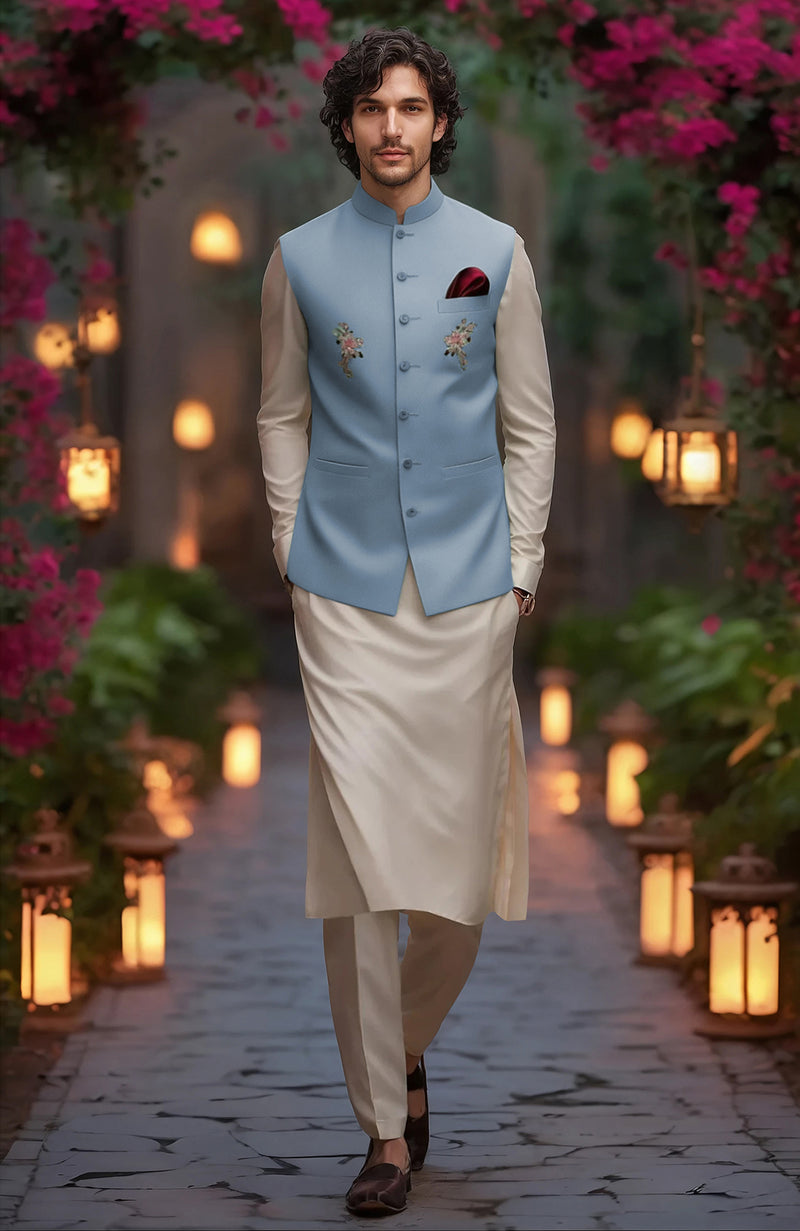 Beige Kurta Set with  Powdered Indigo Floral Embroidered Bandi Jacket
