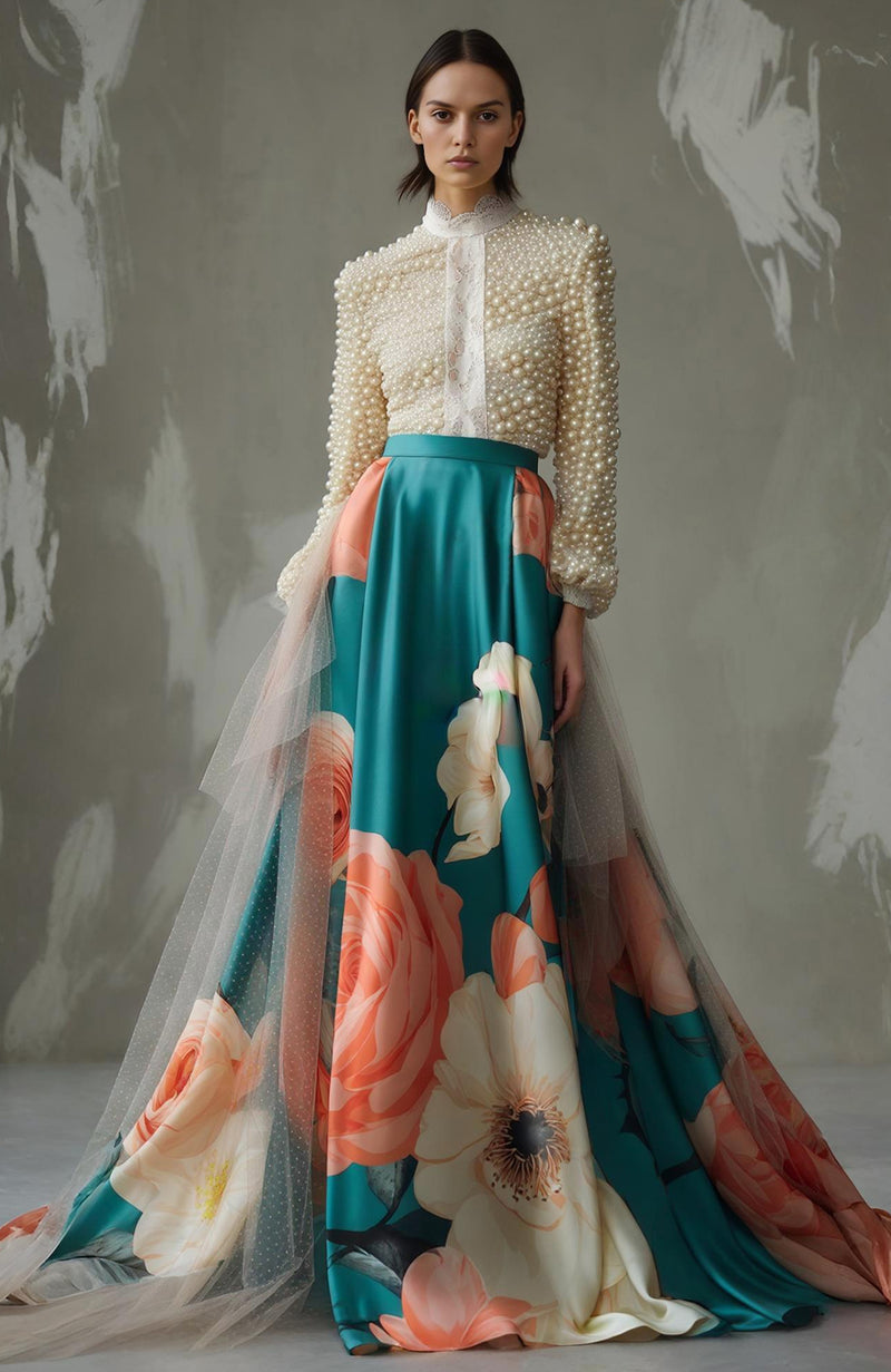 Botanica Royale Pearl Embroidered Floral Skirt Set