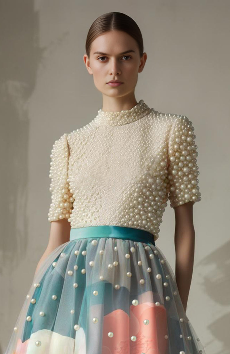 Floral Mist Pearl Embroidered Skirt Set
