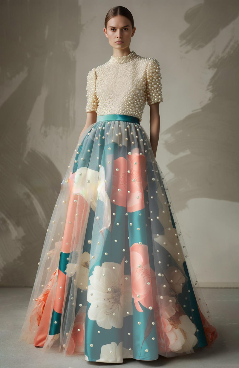 Floral Mist Pearl Embroidered Skirt Set