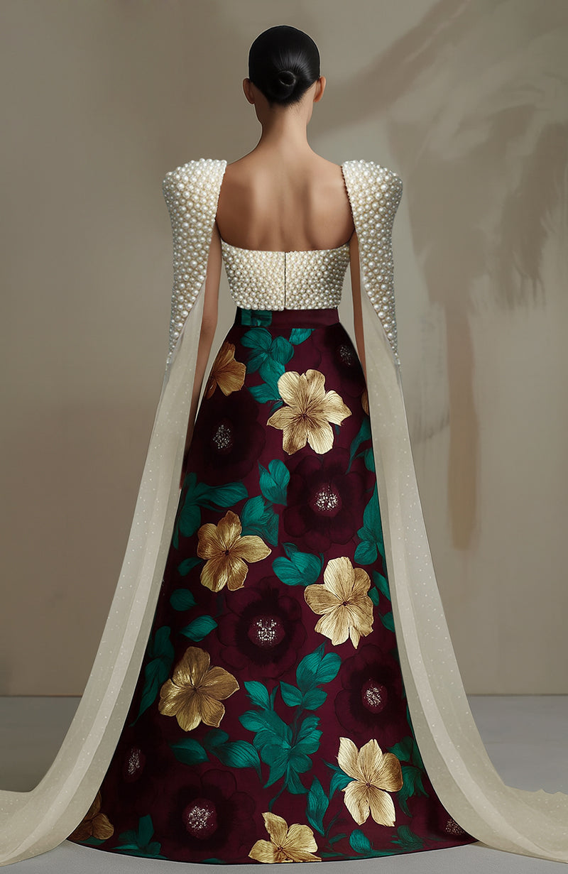 Floralia Noir Pearl Embroidered Floral Skirt Set