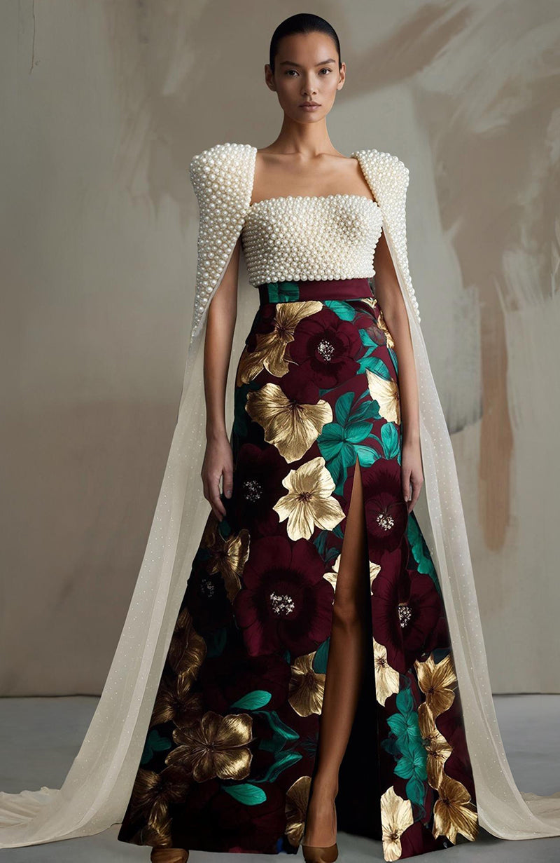 Floralia Noir Pearl Embroidered Floral Skirt Set