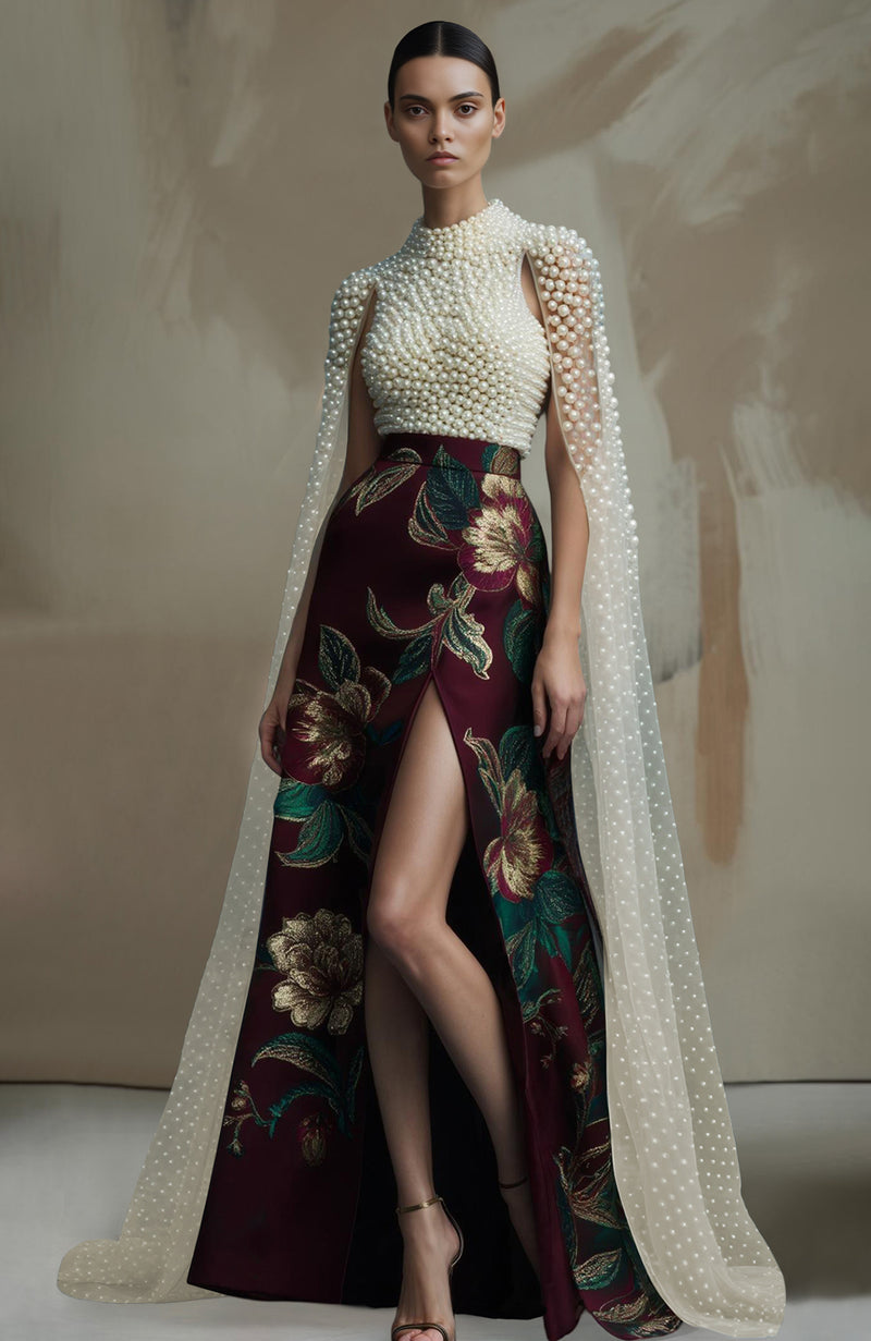 Empress Noir Pearl Embroidered Floral Skirt Set