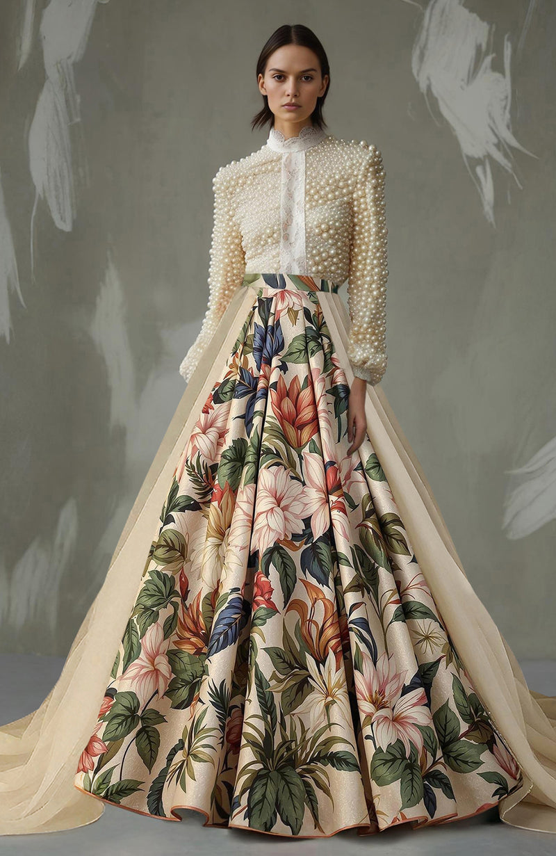 Pearl Tropica Embroidered Floral Skirt Set