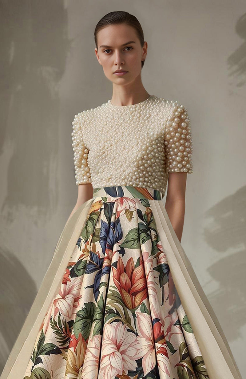 SereniFlora Pearl Embroidered Floral Skirt Set