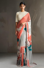 Coral Grace Floral Saree with Pearl-Embellished Blouse