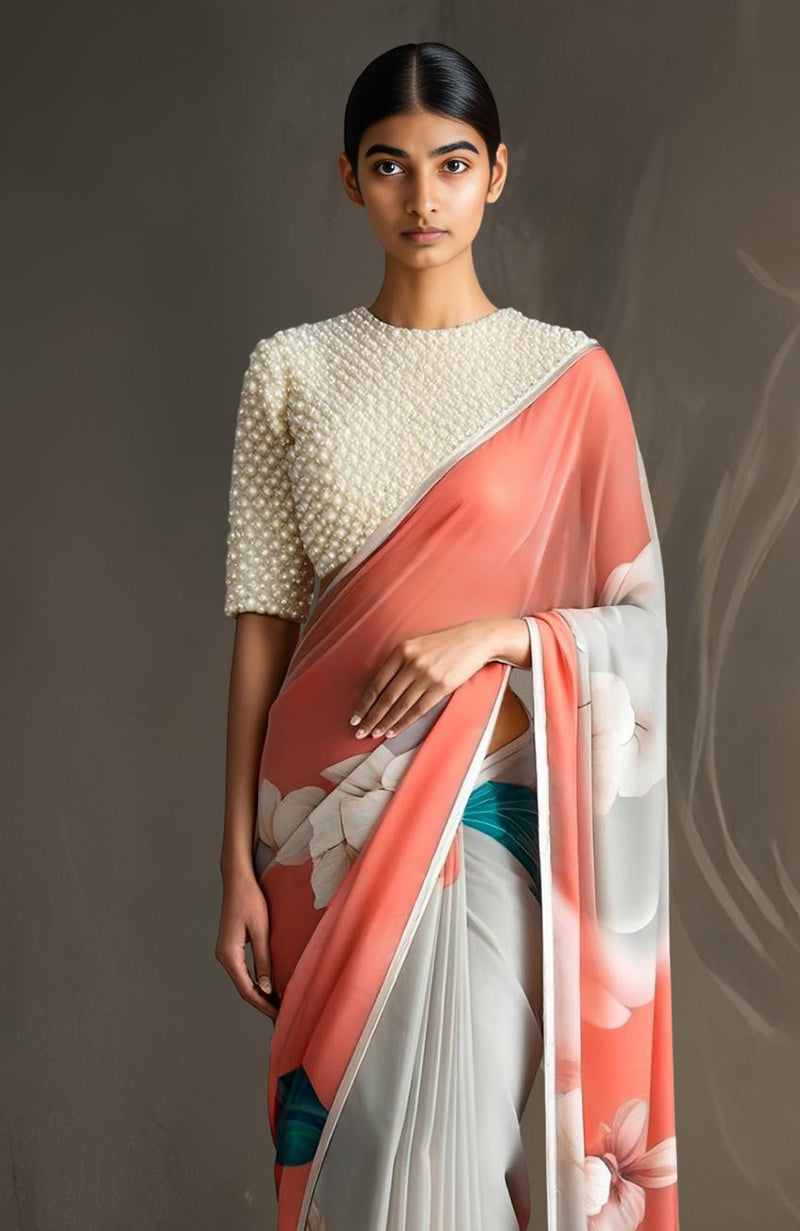 Coral Grace Floral Saree with Pearl-Embellished Blouse