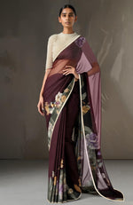 Nocturne Bloom Wine Floral Saree with Hand-Embroidered Pearl Blouse