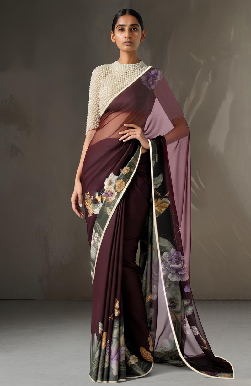 Nocturne Bloom Wine Floral Saree with Hand-Embroidered Pearl Blouse