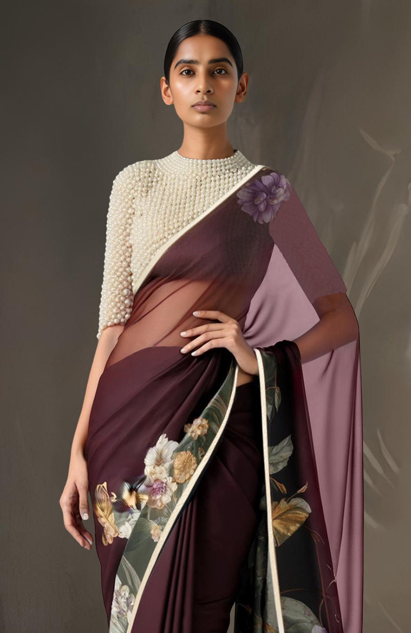 Nocturne Bloom Wine Floral Saree with Hand-Embroidered Pearl Blouse