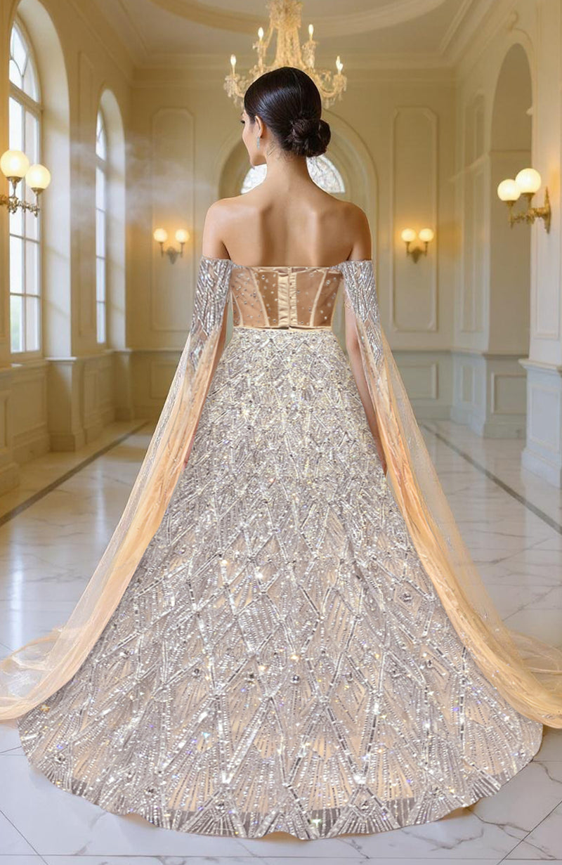 LAILA- Silver Champagne Hand Embroidered Lehenga Set With Cape Sleeves