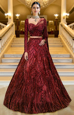 LAILA- Wine Hand Embroidered Lehenga Set With Cape