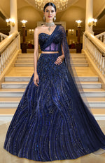 LAILA- Midnight Sapphire Blue Hand Embroidered Lehenga Set With Cape