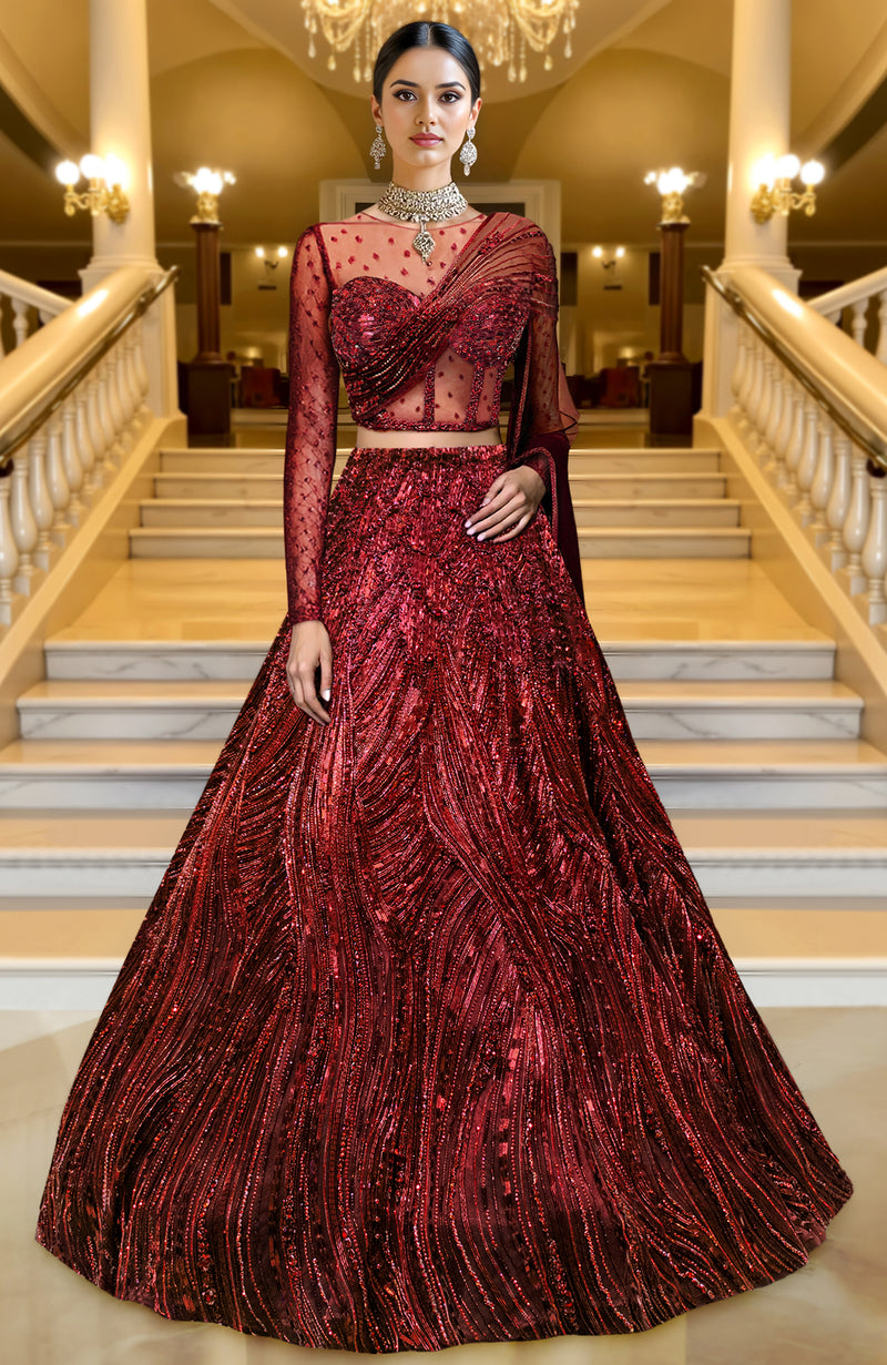 LAILA- Wine Hand Embroidered Lehenga Set With Cape