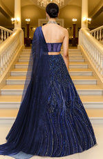 LAILA- Midnight Sapphire Blue Hand Embroidered Lehenga Set With Cape