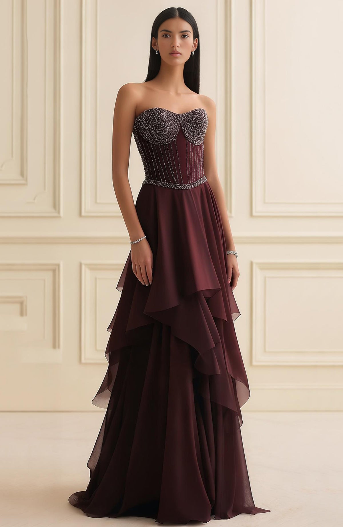Talking Threads Garnet Grace Wine Beaded Corset Layered Gown Talking Threads Garnet Grace Wine Beaded Corset Layered Gown