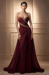 Crimson Muse Draped Gown with Gold Crystal Detailing