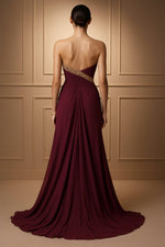 Crimson Muse Draped Gown with Gold Crystal Detailing