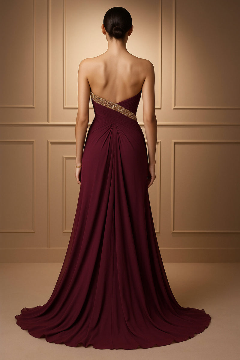 Crimson Muse Draped Gown with Gold Crystal Detailing