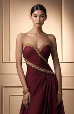 Crimson Muse Draped Gown with Gold Crystal Detailing