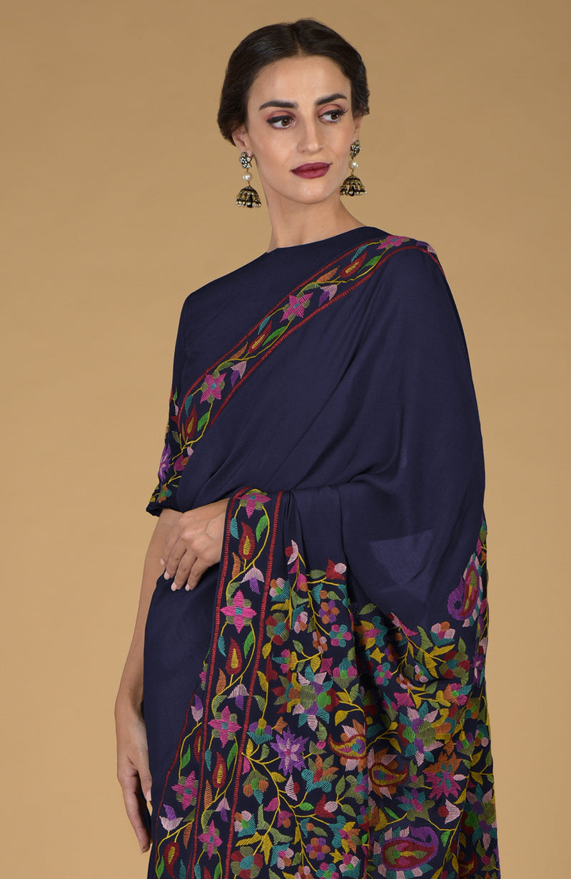 Fawn color kashmiri work with bright thread embroidery saree enriched