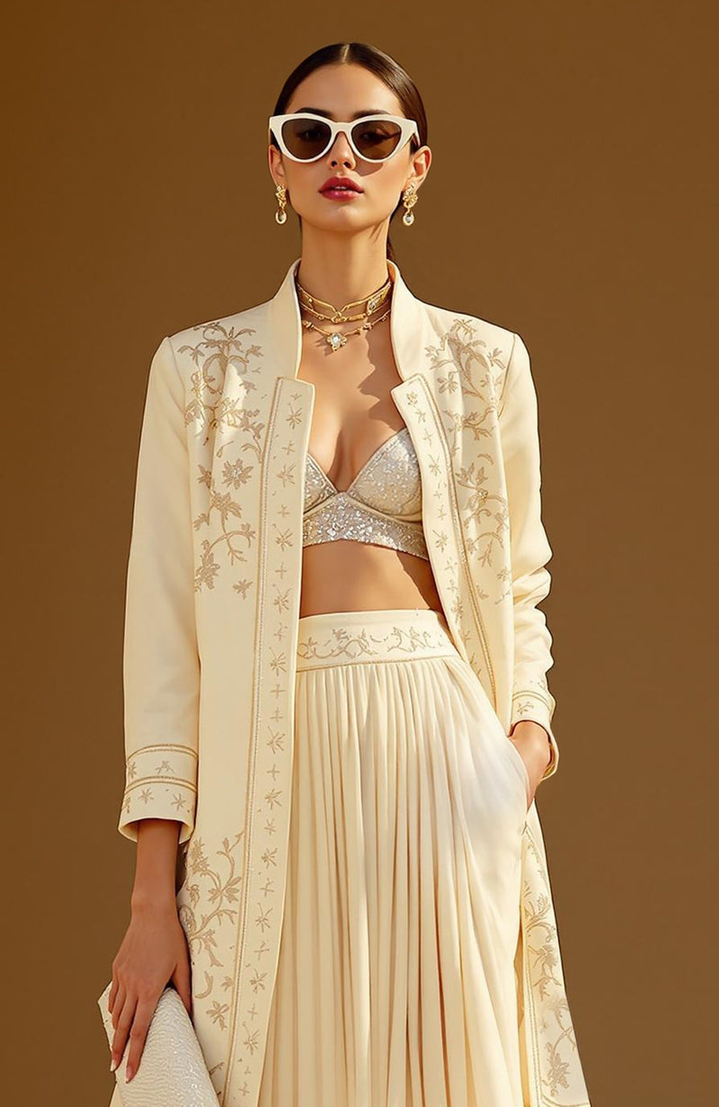 The Modern Muse Embroidered Jacket Set – Ivory Gold