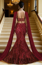 LAILA- Wine Hand Embroidered Mermaid Lehenga Set With Cape