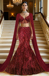 LAILA- Wine Hand Embroidered Mermaid Lehenga Set With Cape