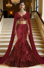 LAILA- Wine Hand Embroidered Mermaid Lehenga Set With Cape