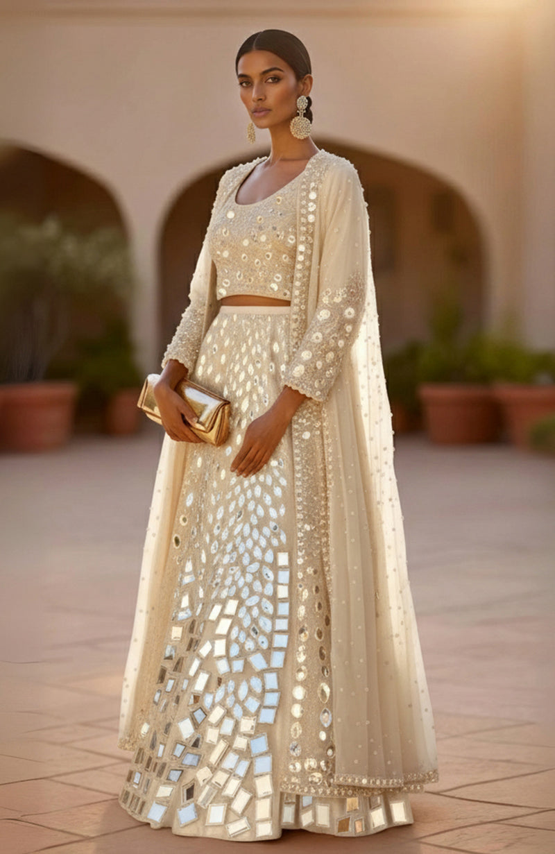 Ivory Mirror Hand Embroidered Lehenga Set with Pearl Cape – SOLSTICE from the JALWA Collection by Talking Threads