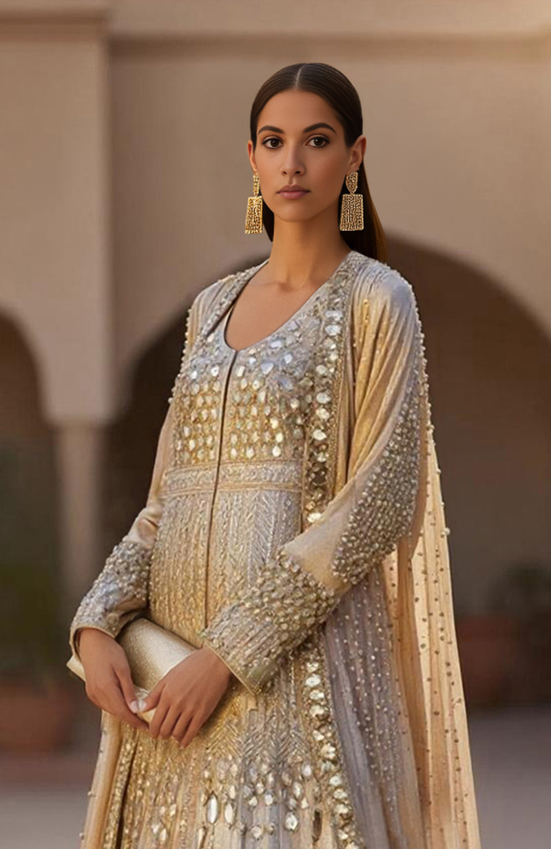 Celestial Glint Gown-Cape Set – Mirror Embellished Gilded Ivory | Jalwa by Talking Threads