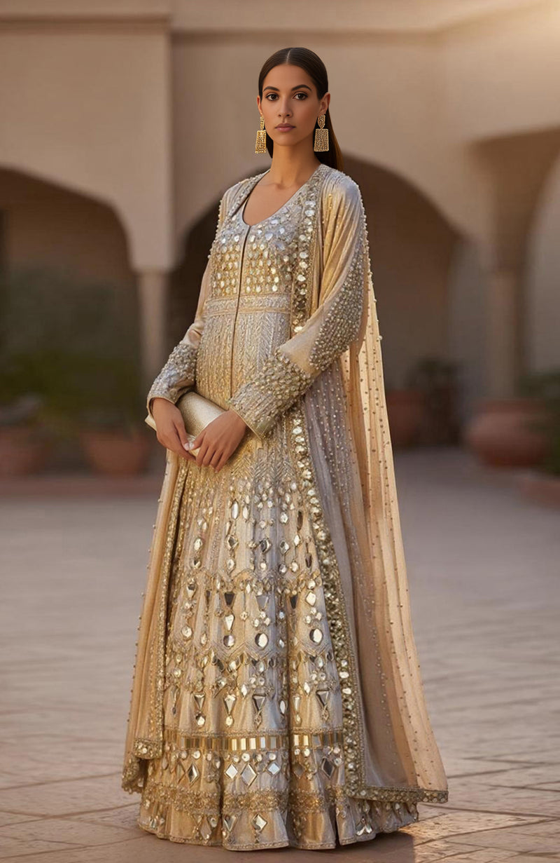Celestial Glint Gown-Cape Set – Mirror Embellished Gilded Ivory | Jalwa by Talking Threads