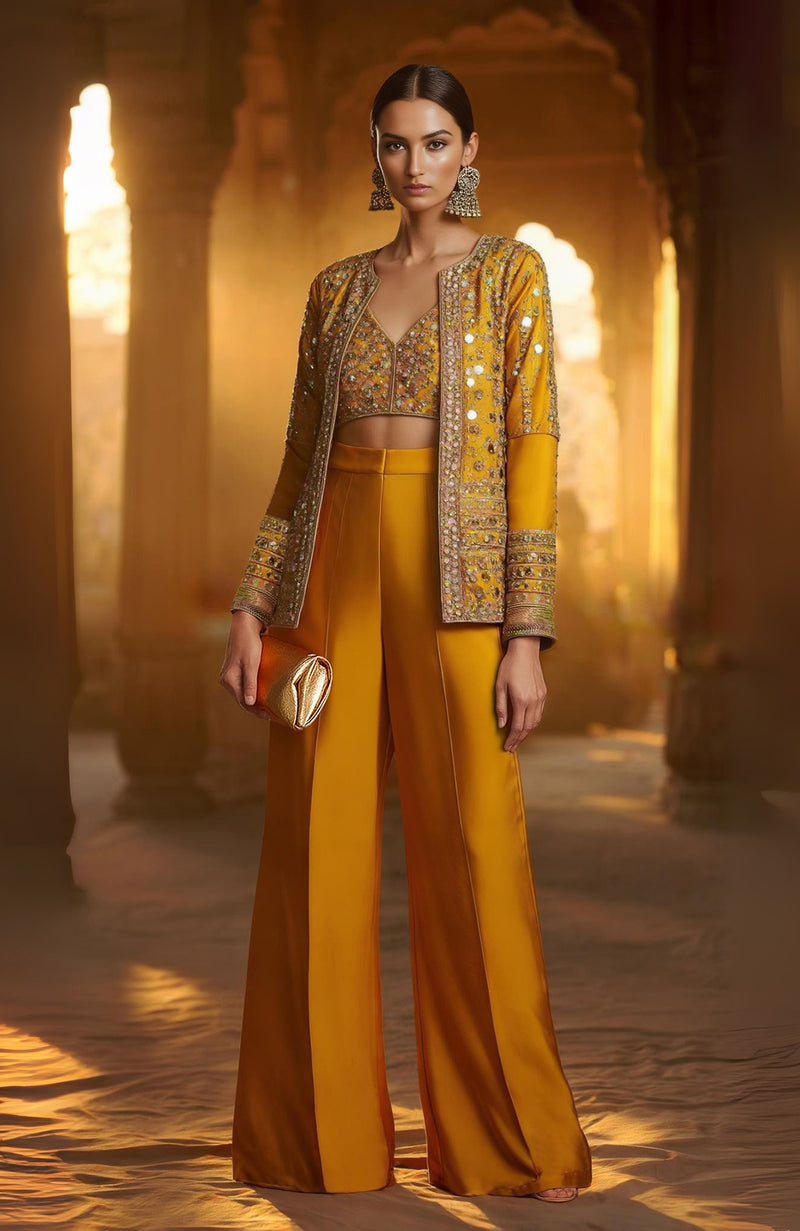 Mustard Mirror Embellished Co-ord Set with Crop Jacket – Jalwa Collection