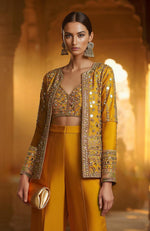 Mustard Mirror Embellished Co-ord Set with Crop Jacket – Jalwa Collection