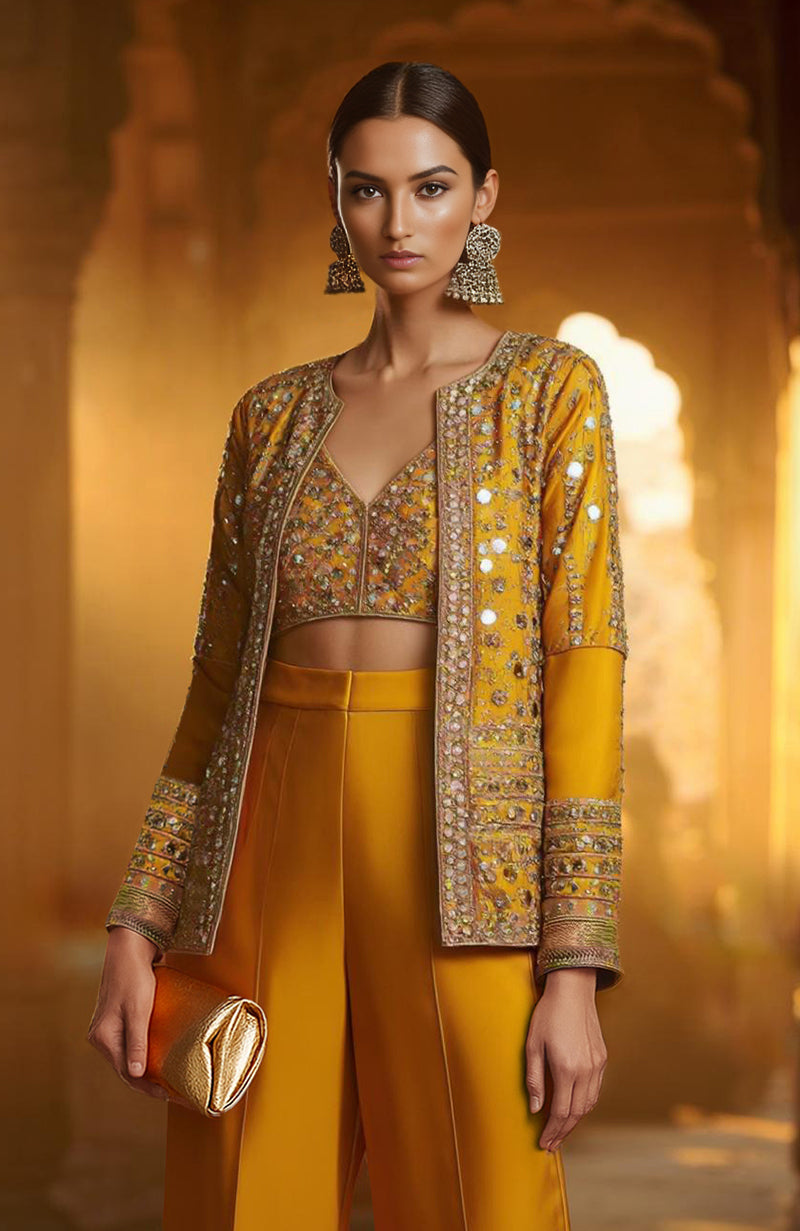 Mustard Mirror Embellished Co-ord Set with Crop Jacket – Jalwa Collection