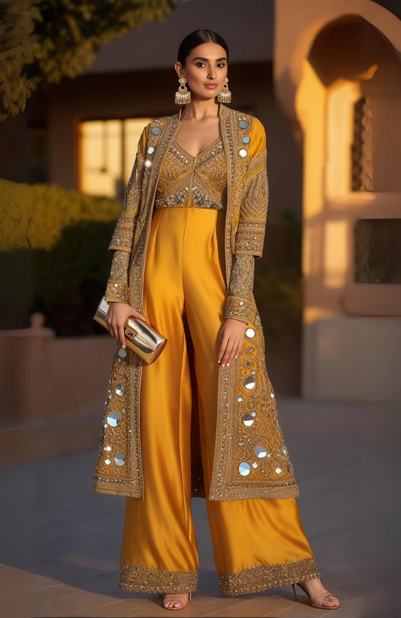 Mustard Mirror Embellished Sharara Set with Long Jacket – Jalwa Collection