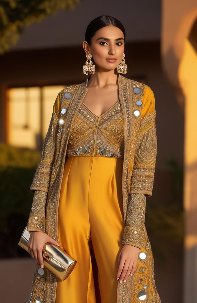 Mustard Mirror Embellished Sharara Set with Long Jacket – Jalwa Collection