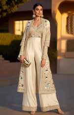 Ivory Mirror Embellished Sharara Set with Long Jacket – Jalwa Collection