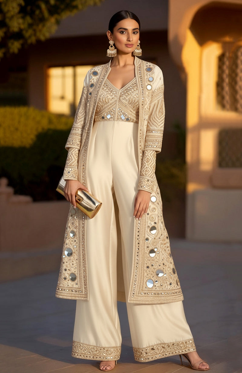 Ivory Mirror Embellished Sharara Set with Long Jacket – Jalwa Collection