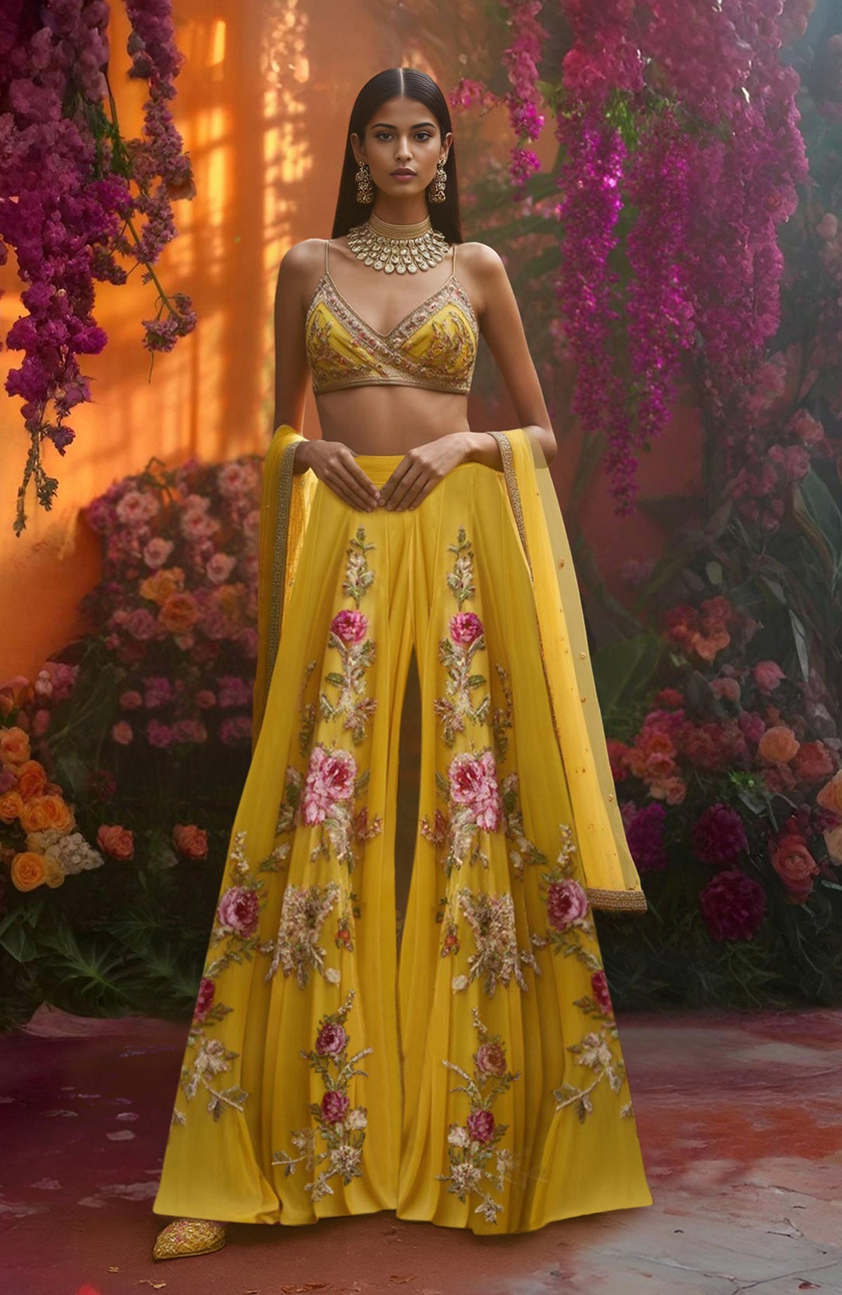 Golden Meadow Floral Embroidered Sharara Set | Talking Threads