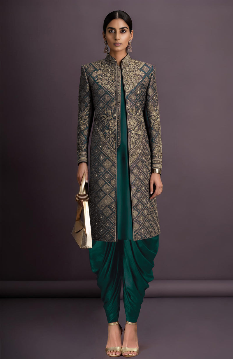 Zahra Embroidered Bottle Green Jacket Set