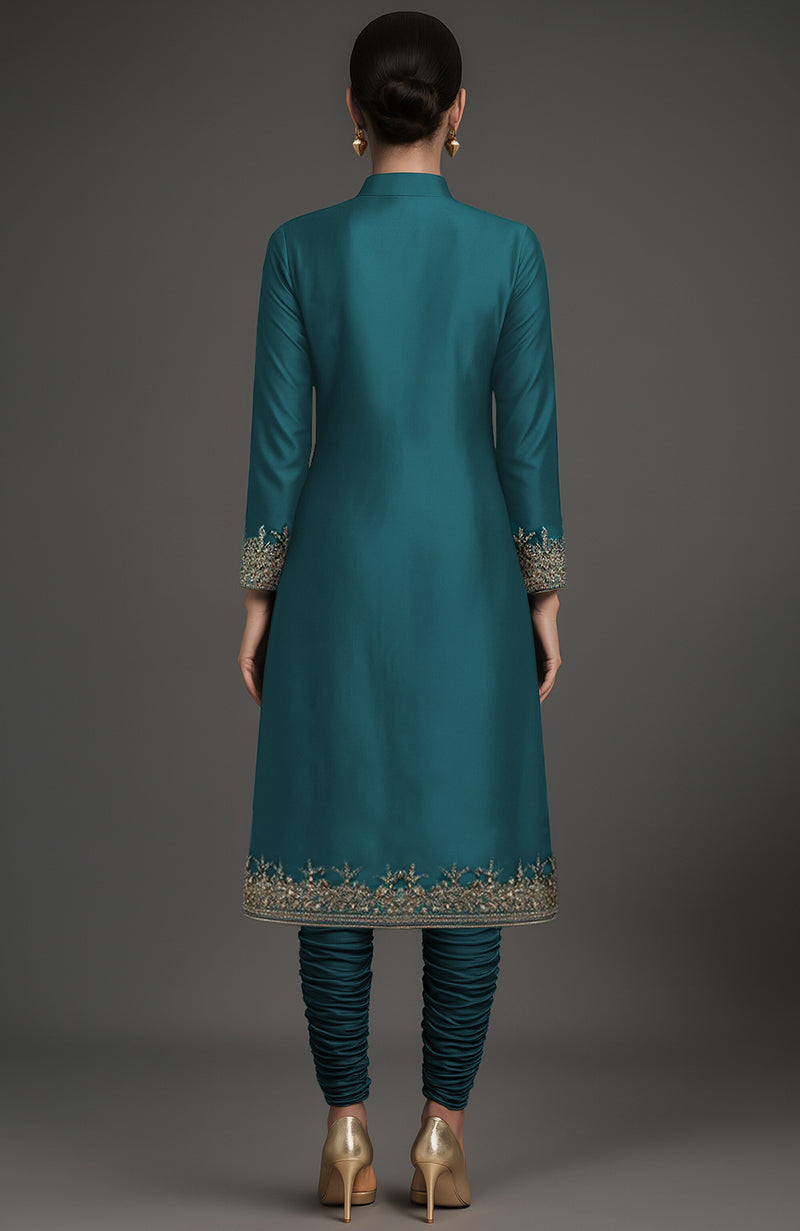 Sama Embroidered Teal Green Jacket Set