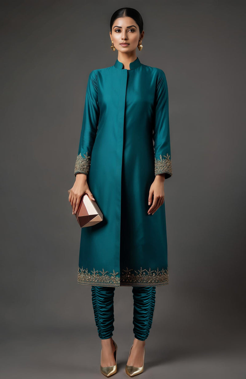 Sama Embroidered Teal Green Jacket Set