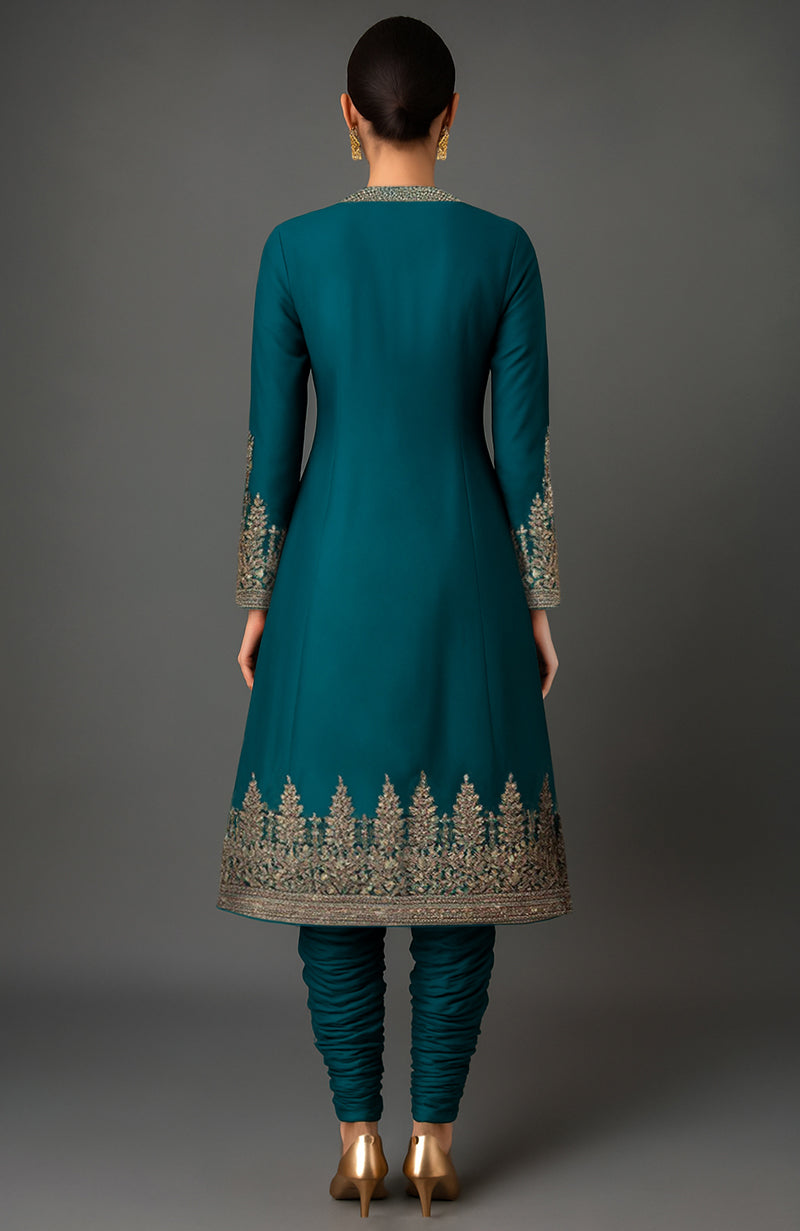 Nayla Embroidered Teal Jacket Set