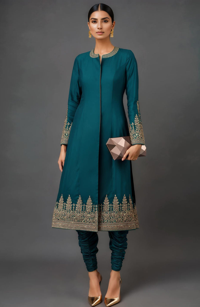 Nayla Embroidered Teal Jacket Set