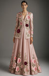 Blush pink floral embroidered jacket and skirt set.