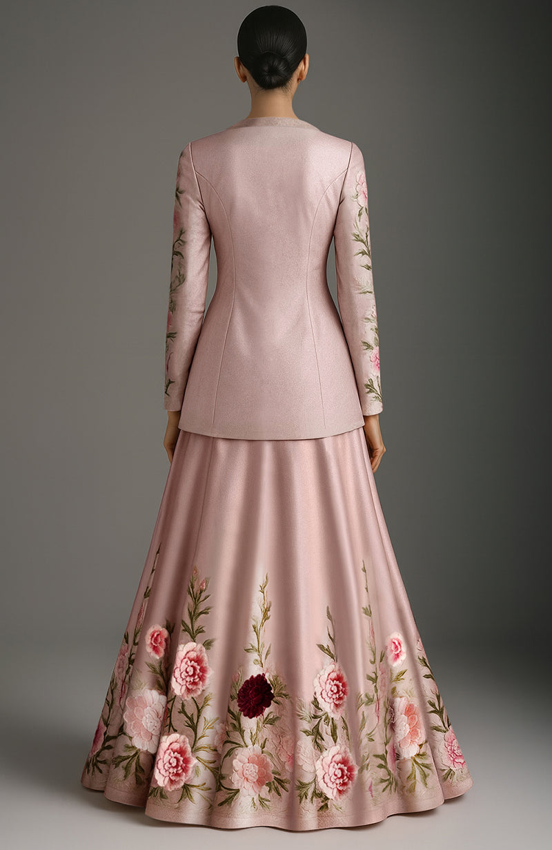 Blush pink floral embroidered jacket and skirt set.