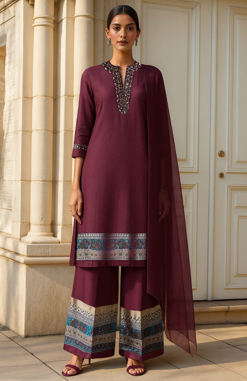 Deep Wine Embellishment Kurta Set