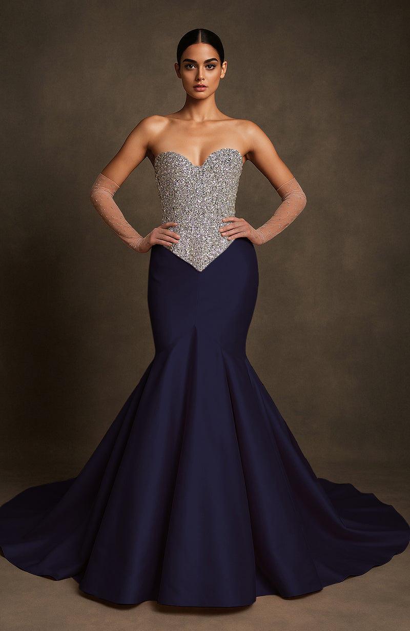 Midnight Blue Crystal-Encrusted Mermaid Gown