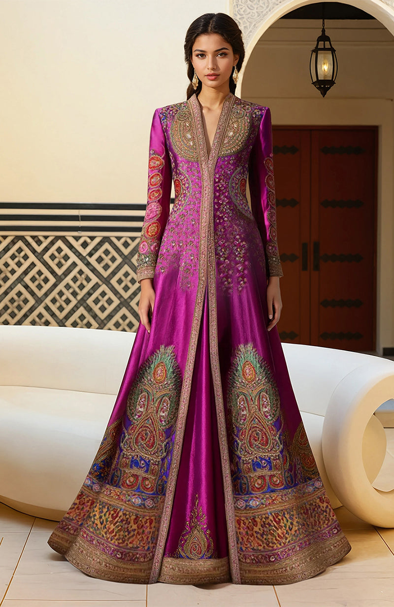 Regal Fuchsia Zardozi Resham Embroidered Jacket and Skirt Set